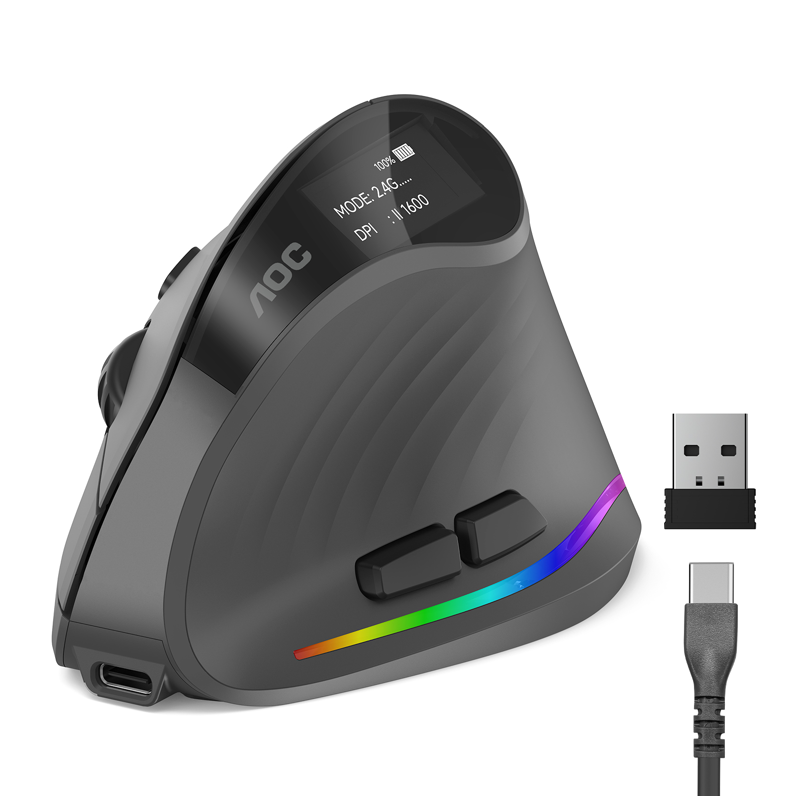 AOC 2.4GHz Ergonomic Mouse, Wireless Bluetooth Vertical Mouse for Work, 4800 DPI Optical Tracking, 5 Adjustable DPI, Quiet Clicks, RGB Light, Compatible with Computer, Laptop, PC, Mac, Desktop - Gray