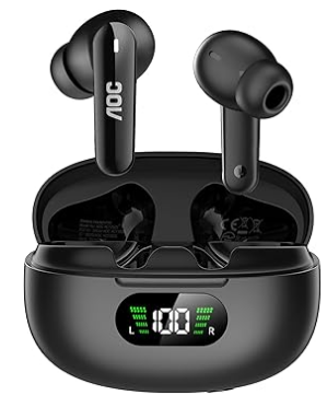 AOC Wireless Earbuds, Bluetooth 6.0 Earbuds with 4Mic Noise Cancelling Clear Call, 45Hr Playtime Bluetooth Headphones with LED Power Display, Dual EQ System Headset with 3 Sizes Eartips