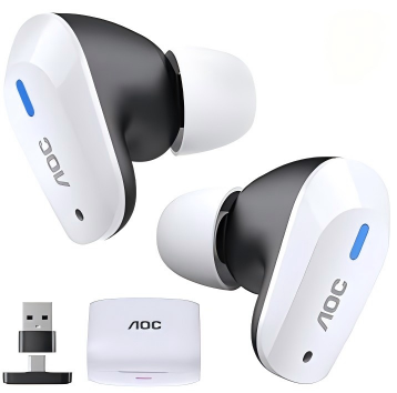 AOC ACT3512 Wireless Gaming Earbuds for PS5 PC Switch, 2.4GHz USB-C Dongle & Bluetooth 5.3 Headphones, 20ms Ultra-Low Latency, Noise Cancelling Mic, 28H Playtime in-Ear Gaming Headset (White)
