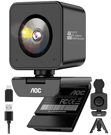 AOC 4K Webcam for PC with 1/2.55'' Sensor, 1080P 60FPS Streaming Camera with PDAF Autofocus, Privacy Cover, Plug & Play computer camera 75° FOV for Zoom/Mac/Switch 2, Includes Tripod & USB A-C Adapter